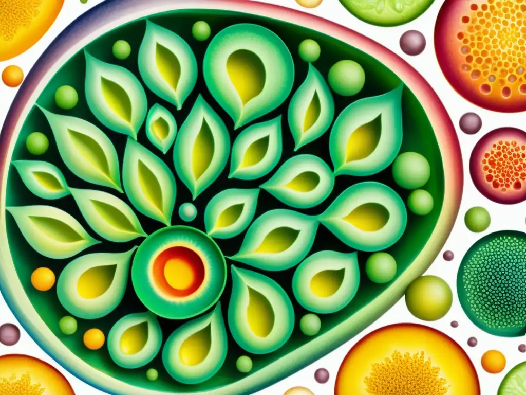 Detallada ilustración acuarela de células vegetales en nanocarriers, fusionando fitoterapia y nanotecnología