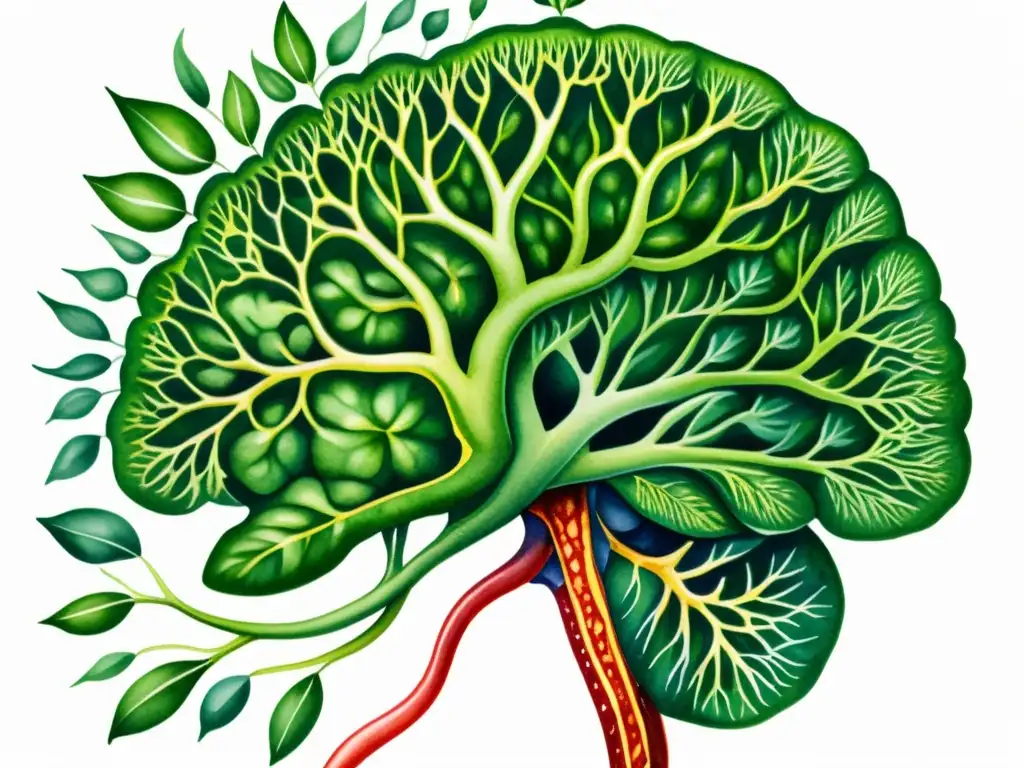 Detallada ilustración acuarela del cerebro humano con aloe vera, simbolizando los beneficios del aloe vera para la salud cerebral