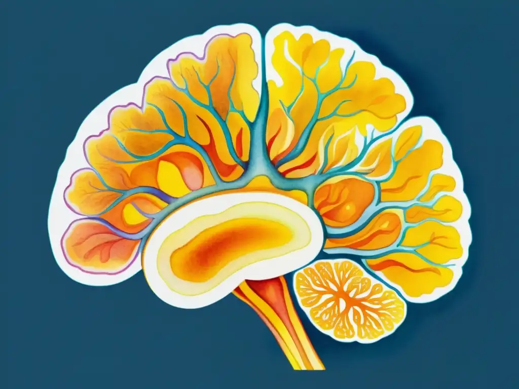 Ilustración de cerebro humano con cúrcuma antioxidante Detallada ilustración acuarela de un cerebro humano, con tonos amarillos y naranjas representando las propiedades antioxidantes de la cúrcuma