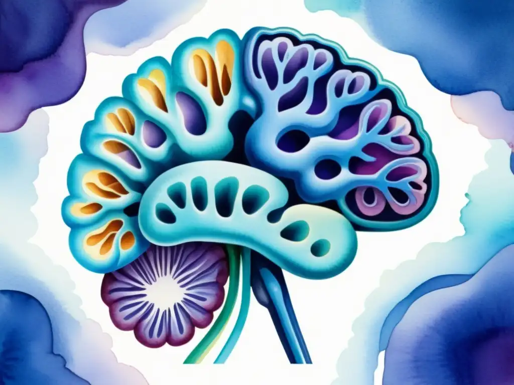 Detallada ilustración acuarela del cerebro humano, con tonos vibrantes de azul y morado