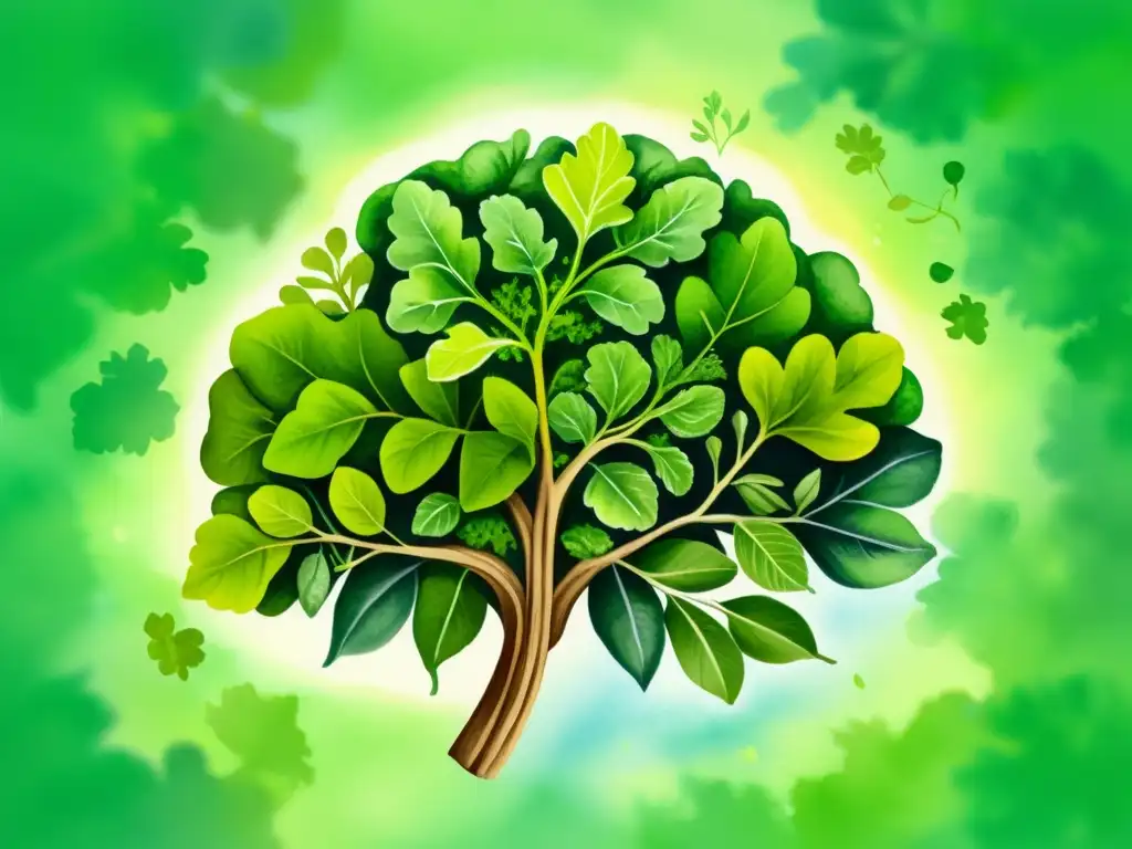 Ilustración detallada de un cerebro rodeado de hierbas verdes vibrantes como el ginkgo biloba, romero y salvia