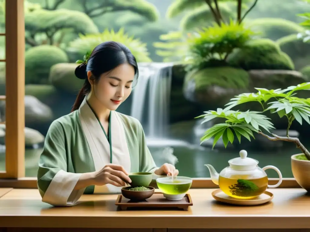 Un ilustración detallada de una ceremonia del té verde en un tranquilo teahouse chino, rodeado de exuberante vegetación y una cascada