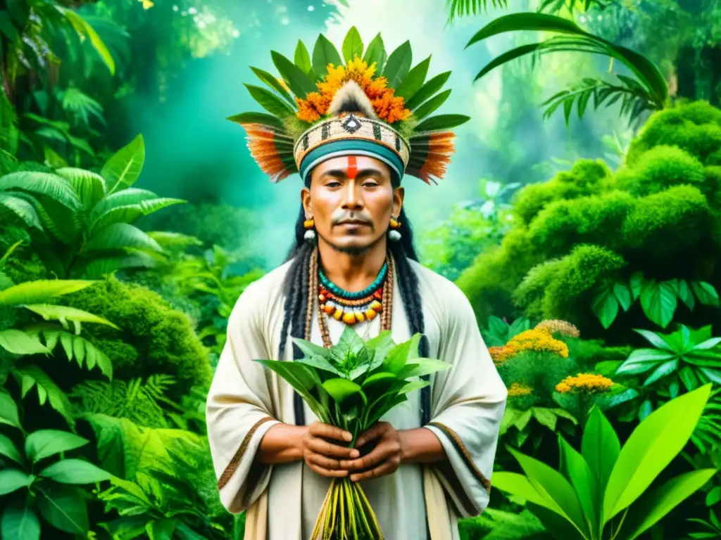 Ilustración acuarela detallada de un chamán en la selva, celebrando un ritual con plantas medicinales