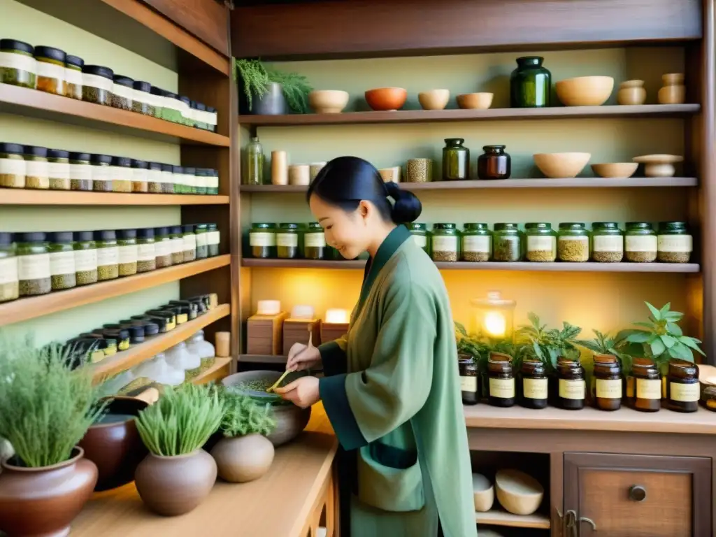 Detallada ilustración acuarela de herboristería china con medicina tradicional, plantas medicinales, práctica y ambiente cálido de linterna