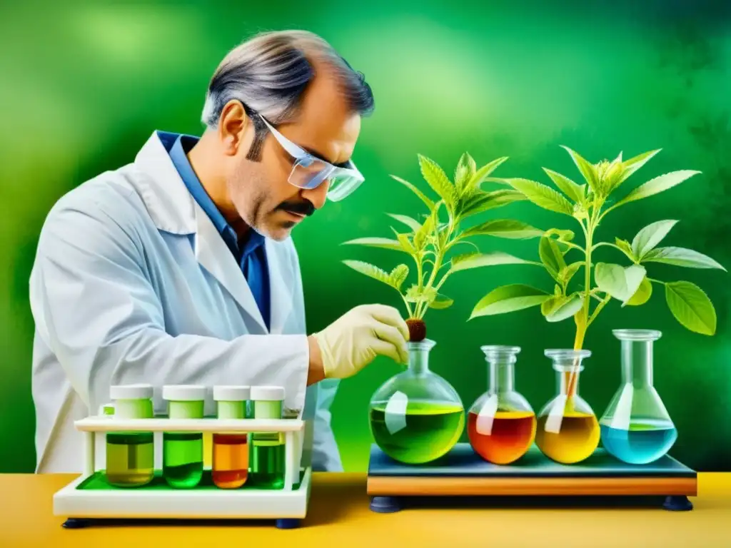 Detallada ilustración acuarela de un científico midiendo con precisión la dosis de extracto de planta medicinal en un laboratorio