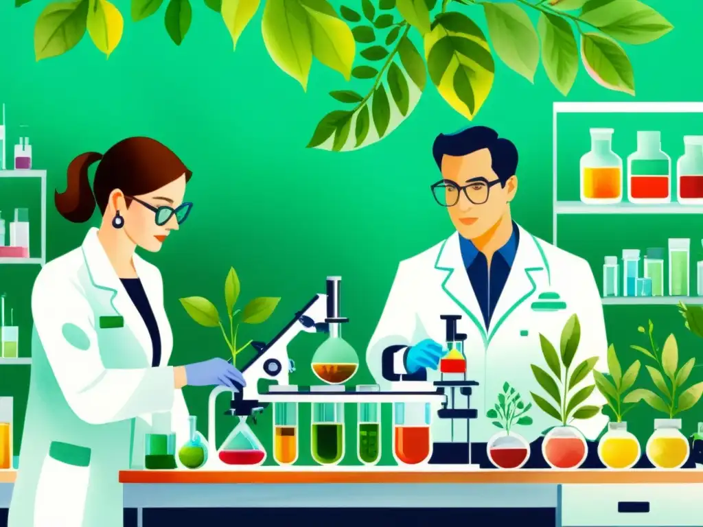 Detallada ilustración acuarela de científicos usando espectrometría de masas para identificar compuestos fitoterapéuticos en plantas