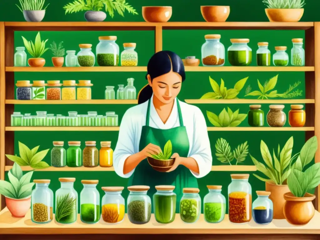 Un ilustración acuarela detallada de una curandera herbolaria seleccionando hierbas, rodeada de estantes llenos de frascos de ingredientes botánicos