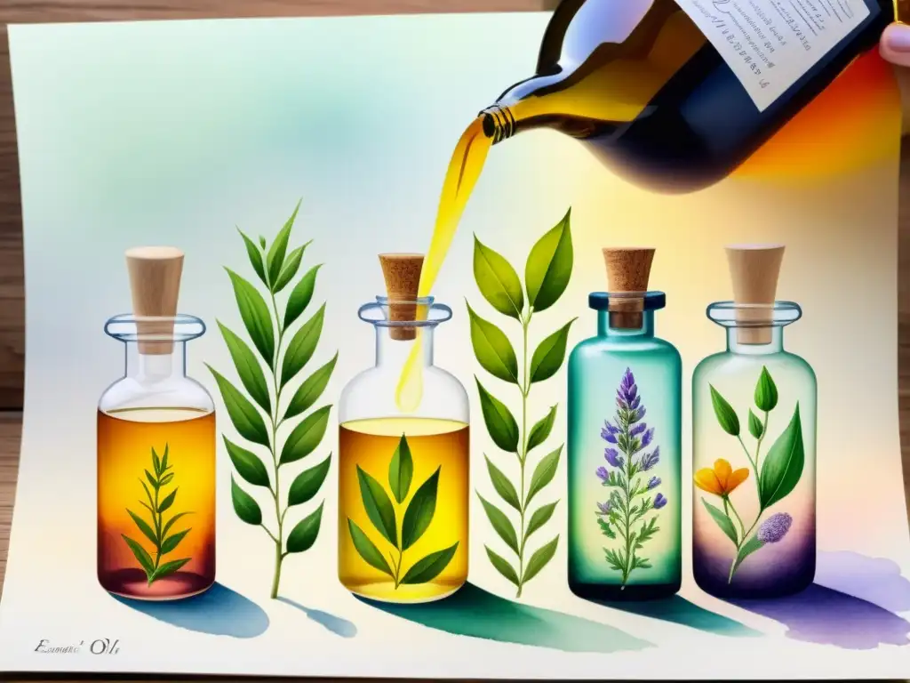 Detallada ilustración de la destilación de aceites esenciales antisépticos en hermosos envases de vidrio, capturando la esencia de las plantas