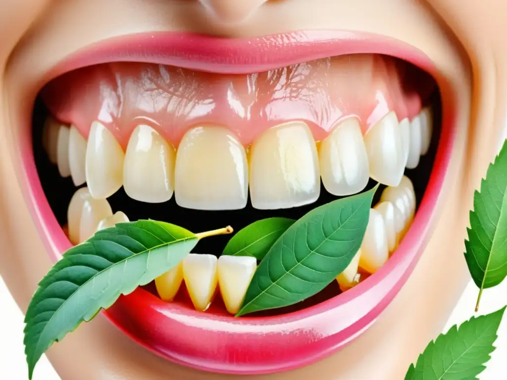 Detallada ilustración acuarela de encías y dientes sanos, con neem, evocando cuidado dental natural