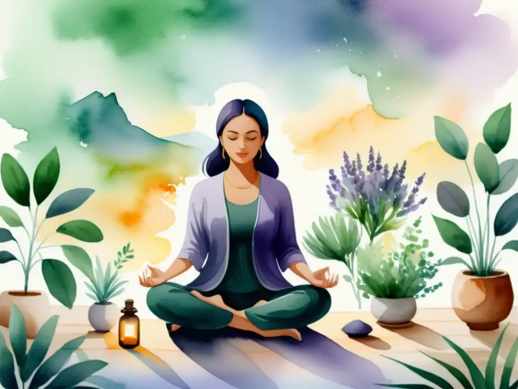 Una ilustración acuarela detallada en 8k de un espacio de meditación sereno con aromaterapia, infundiendo tranquilidad y paz