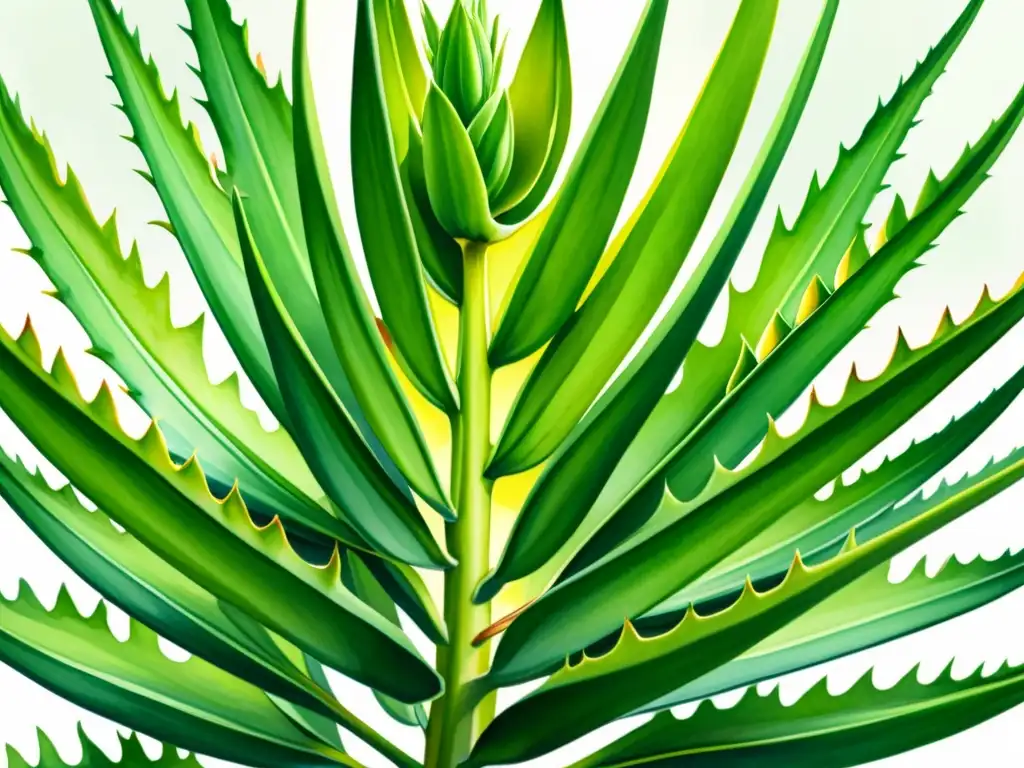 Detallada ilustración acuarela de una exuberante planta de aloe vera