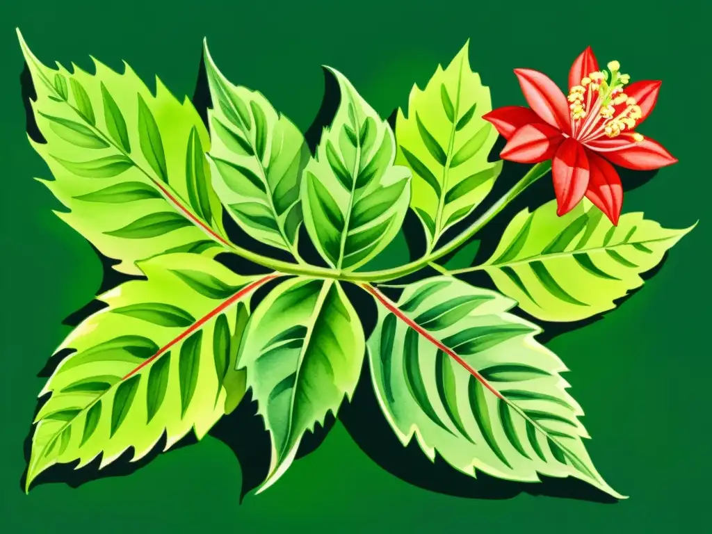 Detallada ilustración acuarela de exuberante planta de insulina para diabetes, con hojas dentadas y flores rojas vibrantes en un suave fondo orgánico