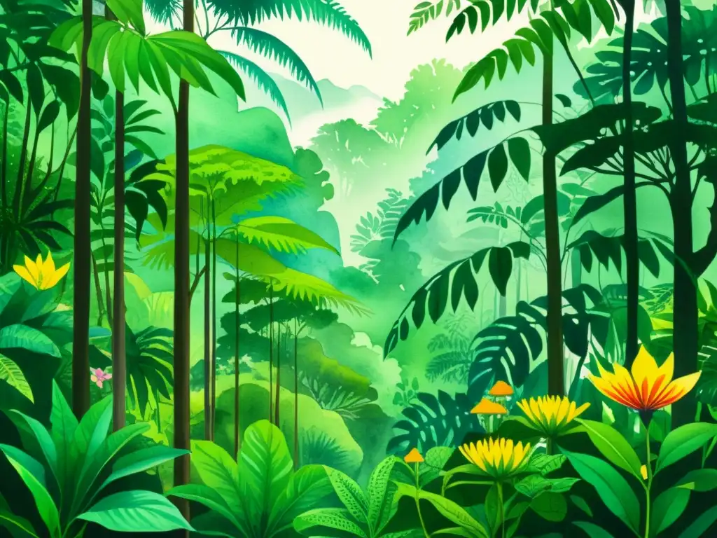 Detallada ilustración de una exuberante selva en acuarela, con árboles majestuosos y exótica flora