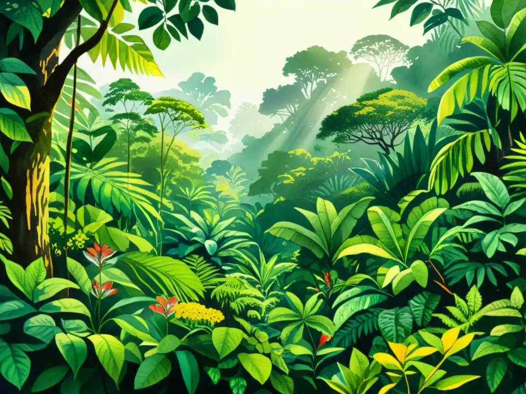 Detallada ilustración acuarela de exuberante selva con plantas medicinales cultivadas por pueblos originarios, evocando sabiduría etnobotánica