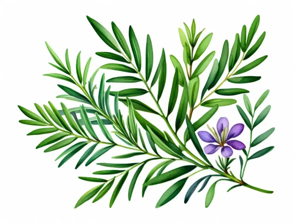 Detallada ilustración acuarela de romero fresco con hojas verdes y flores moradas