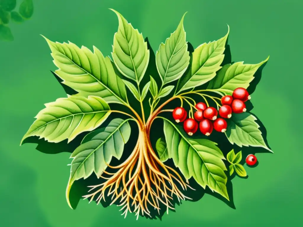 Detallada ilustración de ginseng con hojas verdes vibrantes y bayas rojas, en un fondo suave