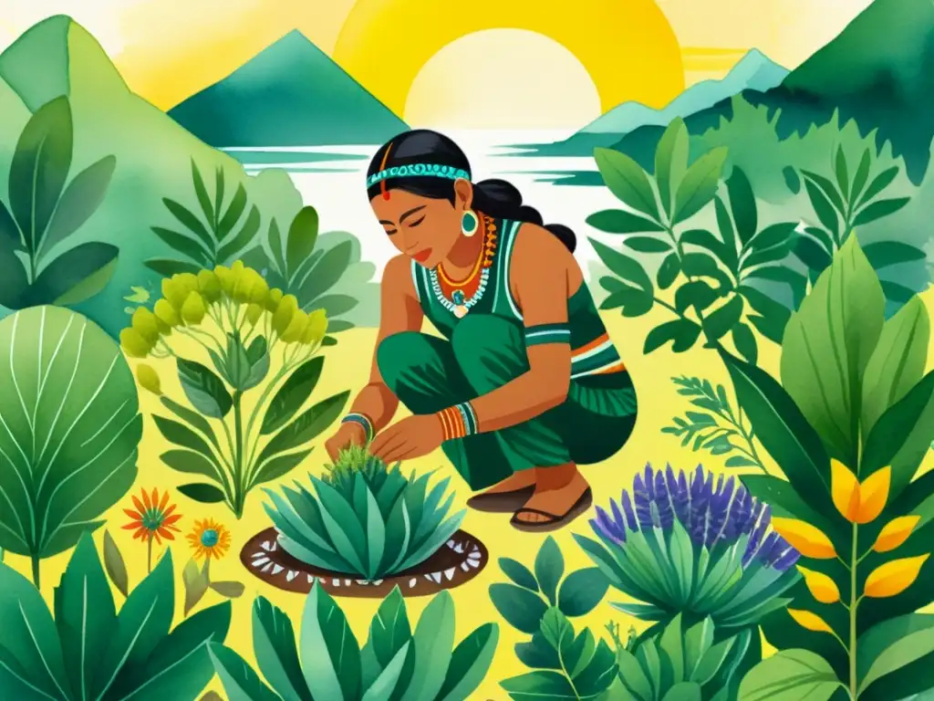 Un ilustración detallada de una herborista azteca recolectando plantas, rodeada de vegetación exuberante y transmitiendo sabiduría ancestral