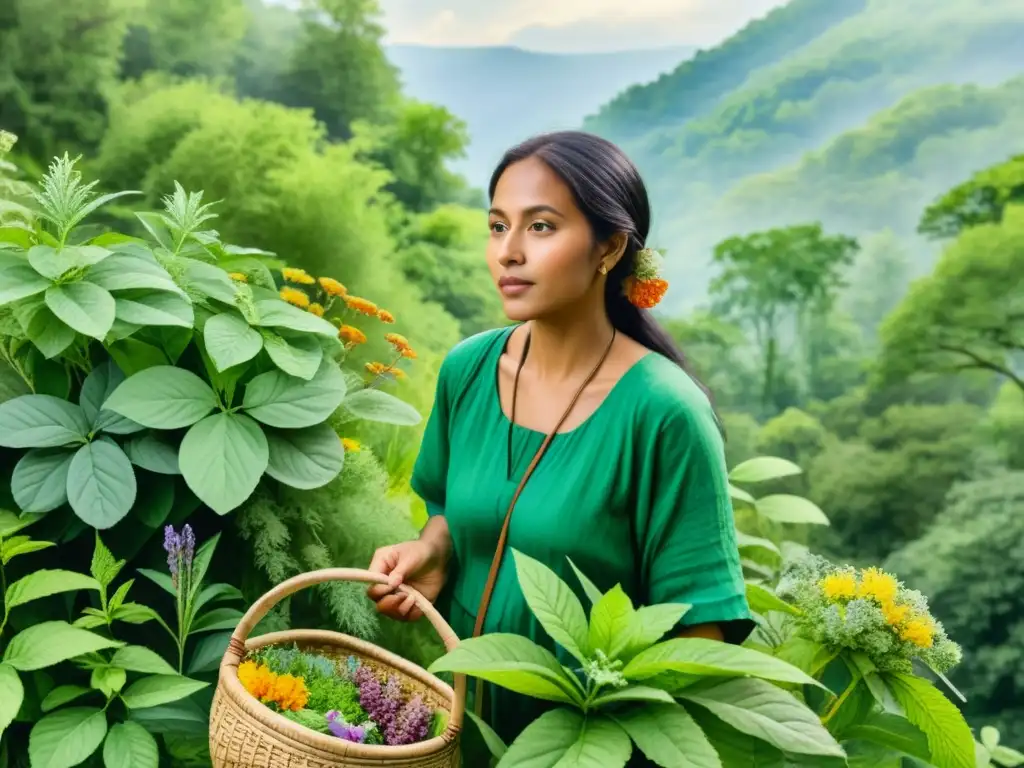 Un ilustración detallada de un herborista recolectando plantas medicinales en un exuberante bosque