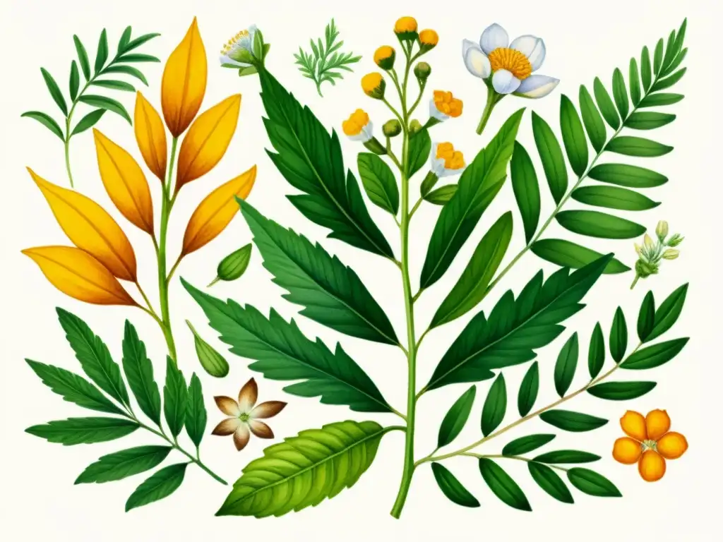 Detallada ilustración acuarela de hierbas antiinflamatorias naturales como cúrcuma, jengibre y manzanilla, en composición botánica serena