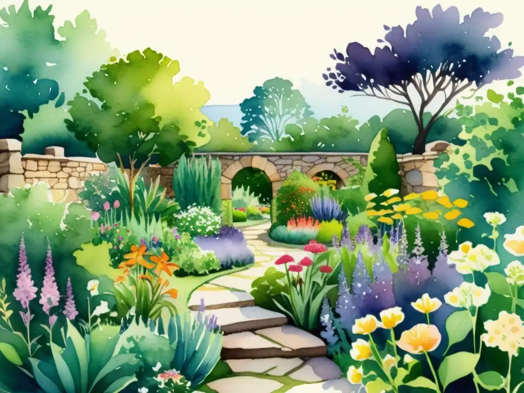 Detallada ilustración acuarela de jardín de hierbas medicinales, con coloridas plantas y abejas entre flores