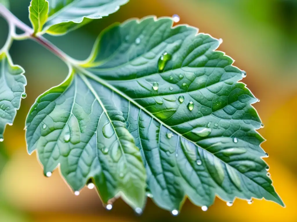 Detallada ilustración acuarela de hoja de albahaca verde con gotas de agua, en fondo difuminado de tonos terrosos