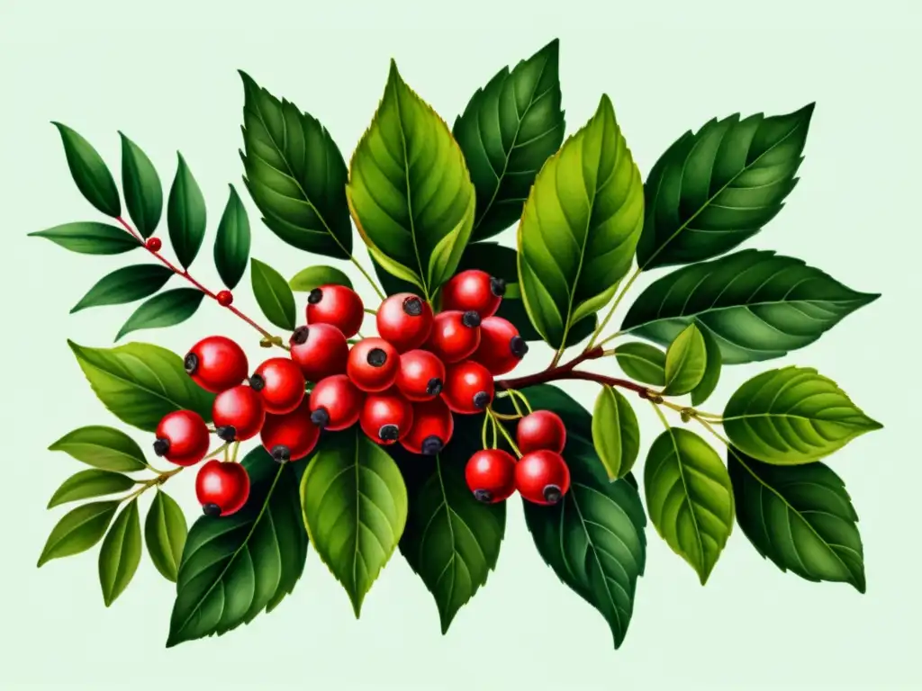 Detallada ilustración acuarela de Schisandra chinensis con hojas verdes, bayas rojas y un jardín herbal chino