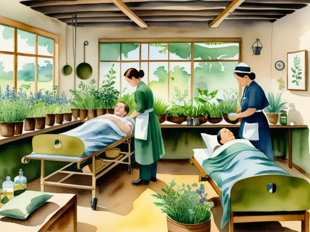 Detallada ilustración acuarela de un hospital de campaña en guerra, con plantas medicinales y cuidado médico