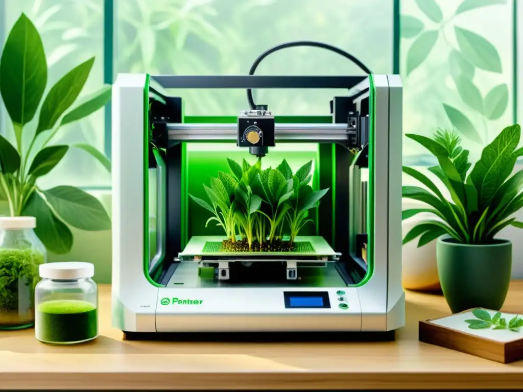 Detallada ilustración acuarela de impresora 3D produciendo compuestos medicinales de plantas, con instrumentos científicos y elementos botánicos