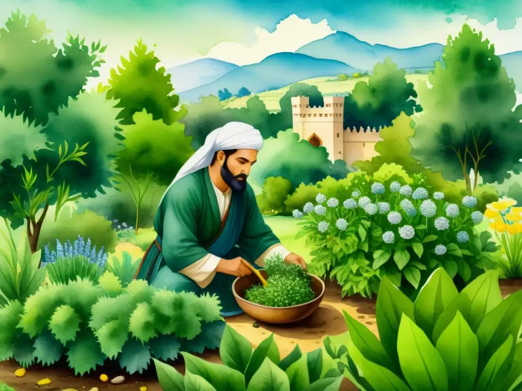 Detallada ilustración de herbolaria medicina islámica medieval, con un herborista cultivando plantas medicinales en un exuberante jardín medieval islámico