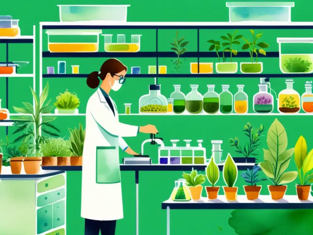 Ilustración detallada acuarela de un laboratorio con científicos trabajando con plantas, realizando pruebas