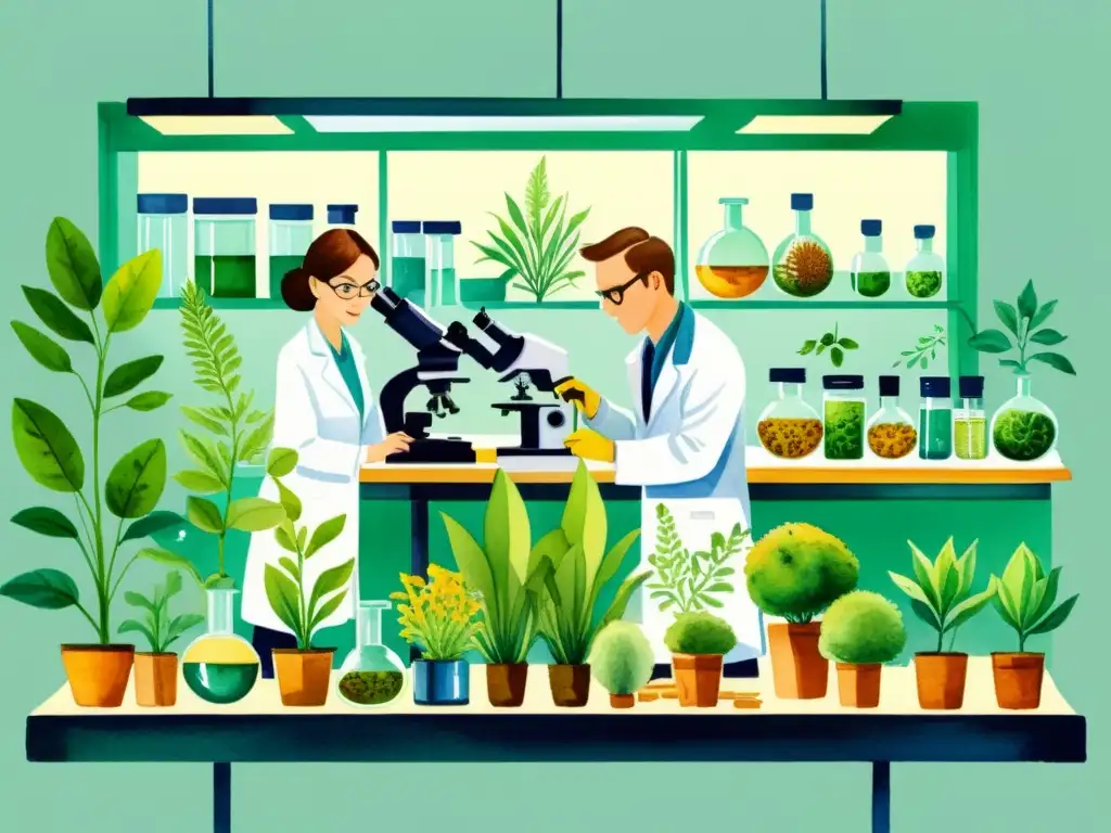 Ilustración detallada de un laboratorio con científicos examinando plantas bajo microscopios