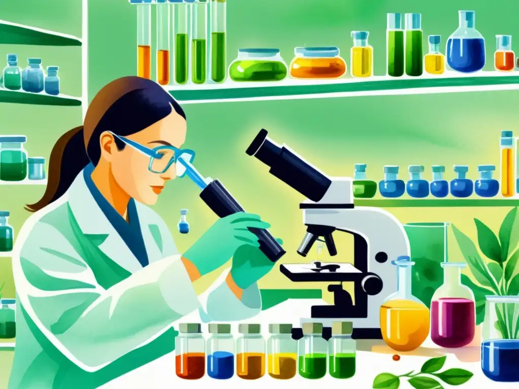 Detallada ilustración acuarela de laboratorio con científicos realizando pruebas en suplementos herbales, capturando la precisión y expertise de las normativas control calidad suplementos herbales