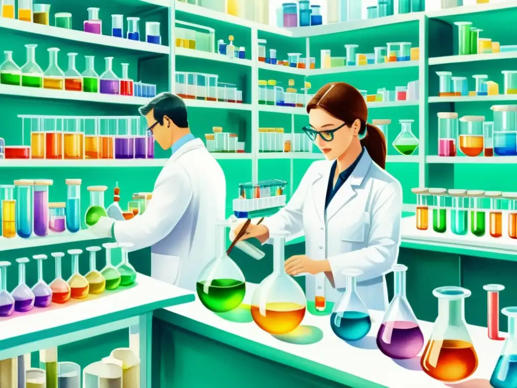 Ilustración detallada de un laboratorio farmacéutico con científicos realizando experimentos