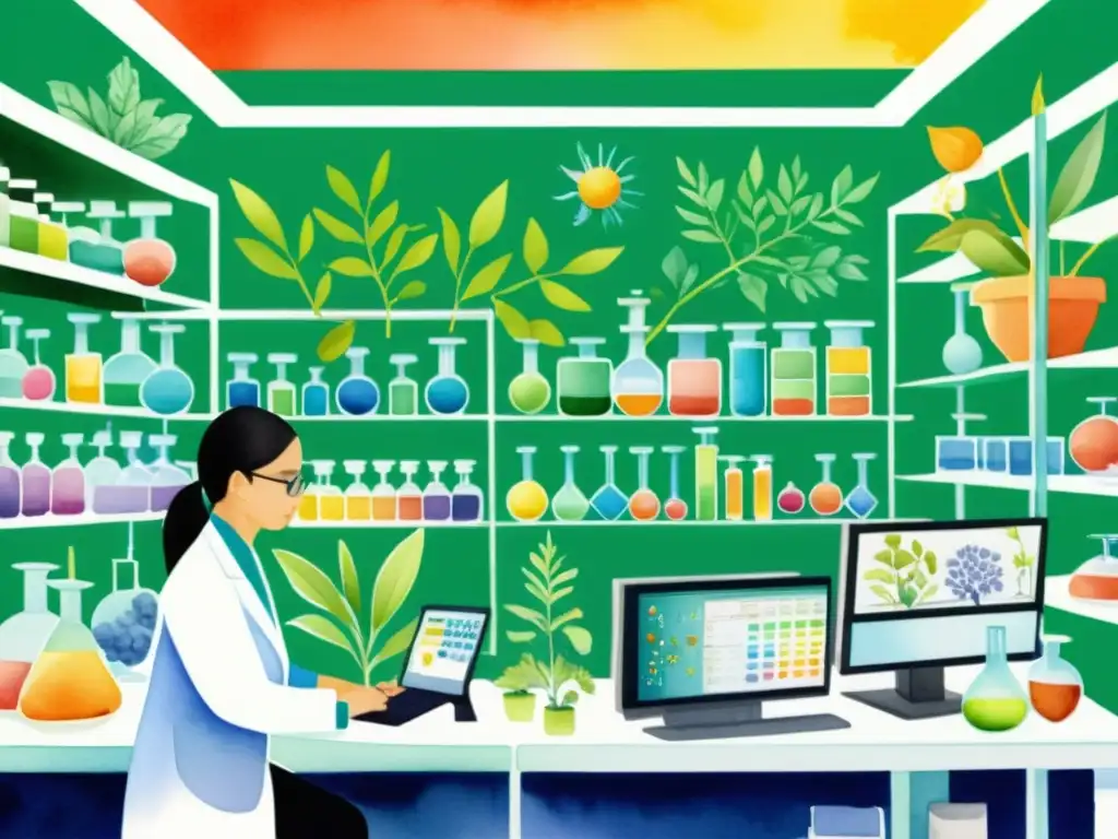 Ilustración detallada de laboratorio con fitoquímica computacional en fitoterapéuticos