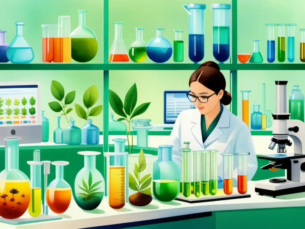 Detallada ilustración acuarela de laboratorio con fitoquímica computacional en fitoterapéuticos