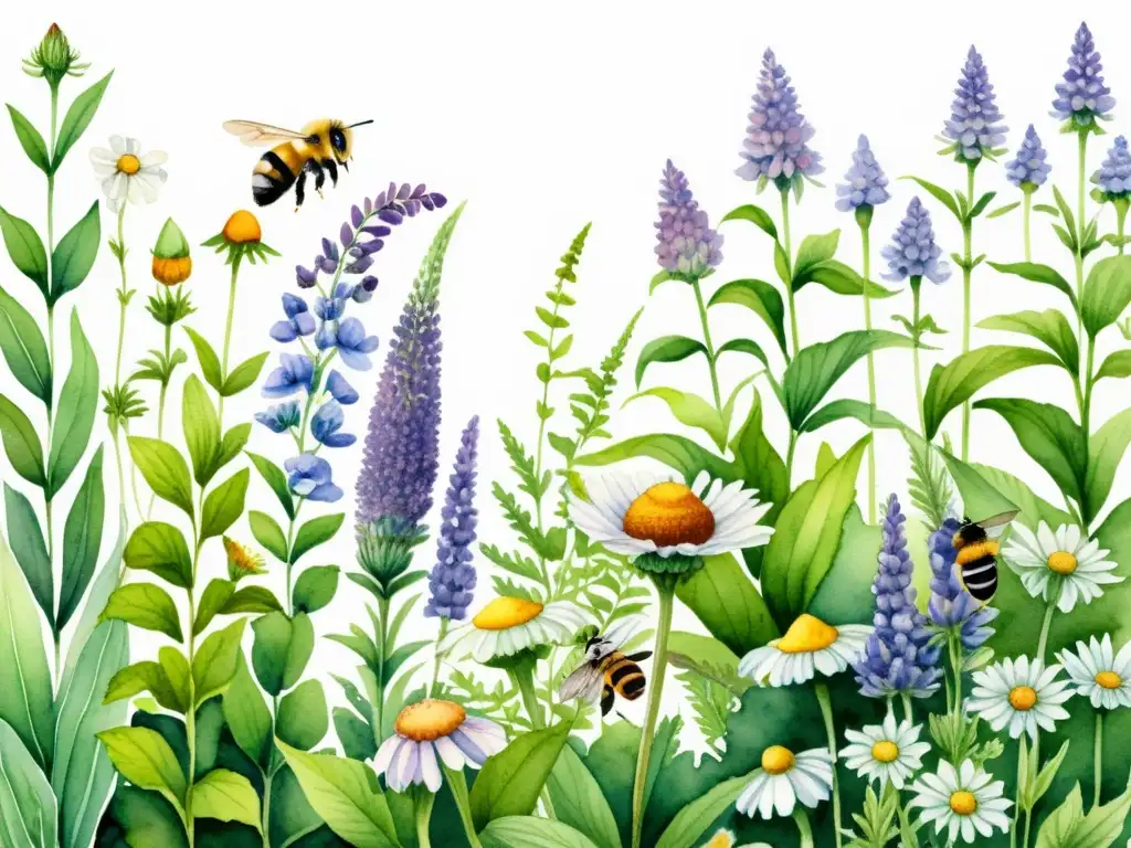 Detallada ilustración acuarela de un jardín medicinal con calendario de siembra de plantas medicinales, abejas y mariposas entre flores