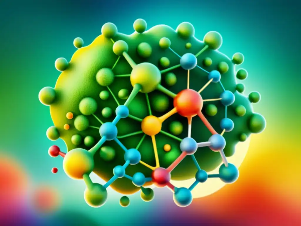 Detallada ilustración acuarela de un modelo molecular computarizado de un compuesto fitoquímico, rodeado de un paisaje digital botánico