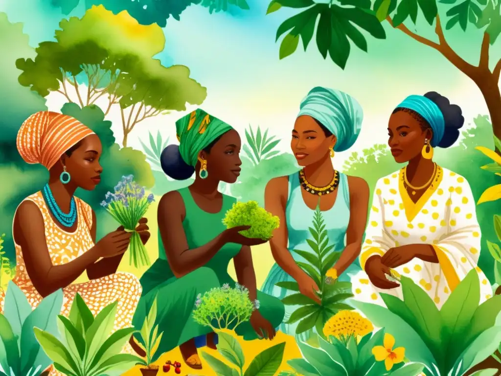 Ilustración detallada de mujeres africanas recolectando plantas medicinales en un exuberante bosque