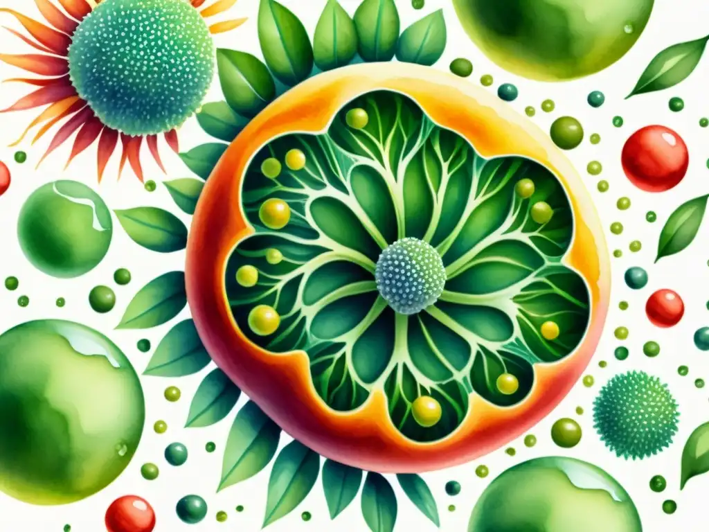 Detallada ilustración acuarela de nanopartícula vegetal interactuando con células humanas, resaltando la nanotecnología en fitomedicamentos