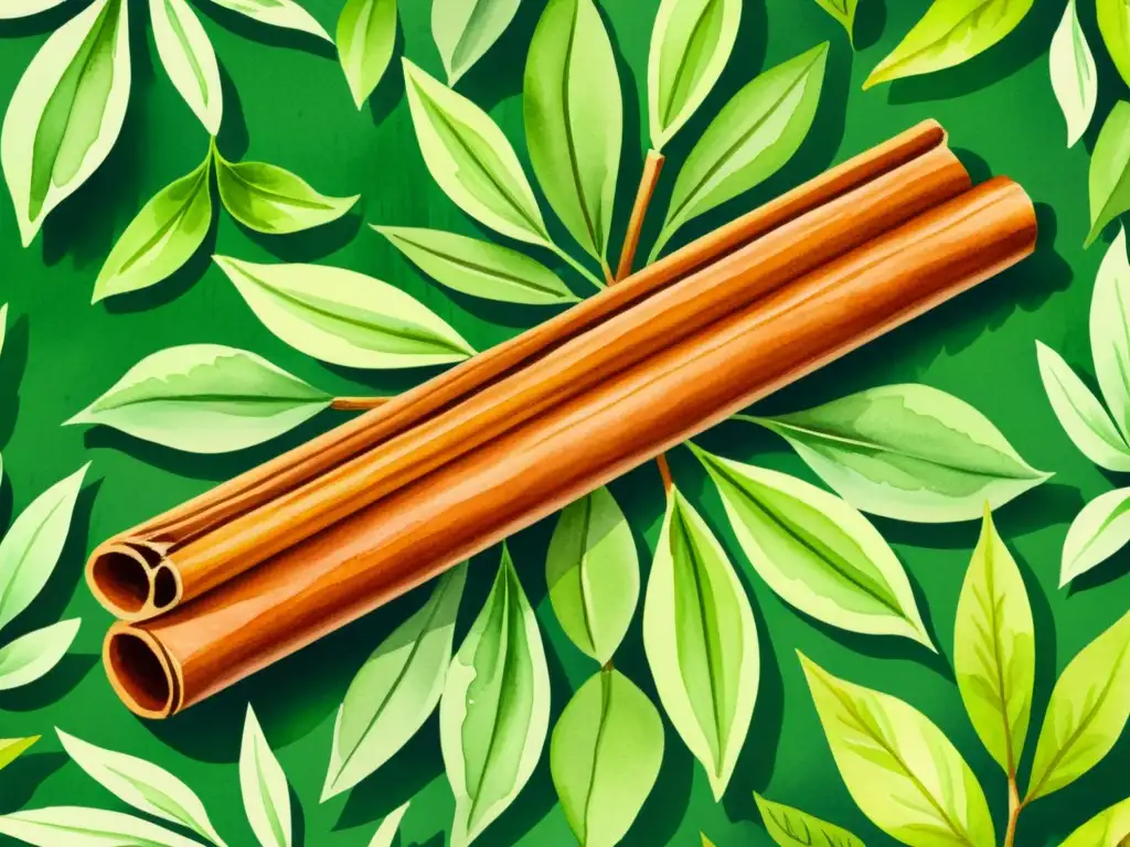 Detallada ilustración acuarela de un palito de canela rodeado de hojas verdes vibrantes, con texturas y venas delicadas