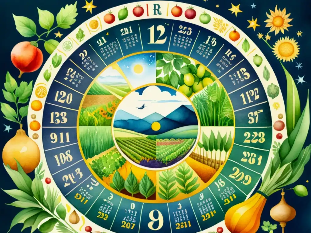 Detallada pintura en acuarela de un calendario agrícola ancestral, con cultivos estacionales, símbolos culturales y patrones geométricos