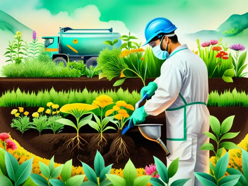 Ilustración detallada de una planta farmacéutica con raíces intrincadas en el suelo, rodeada de hierbas y flores medicinales