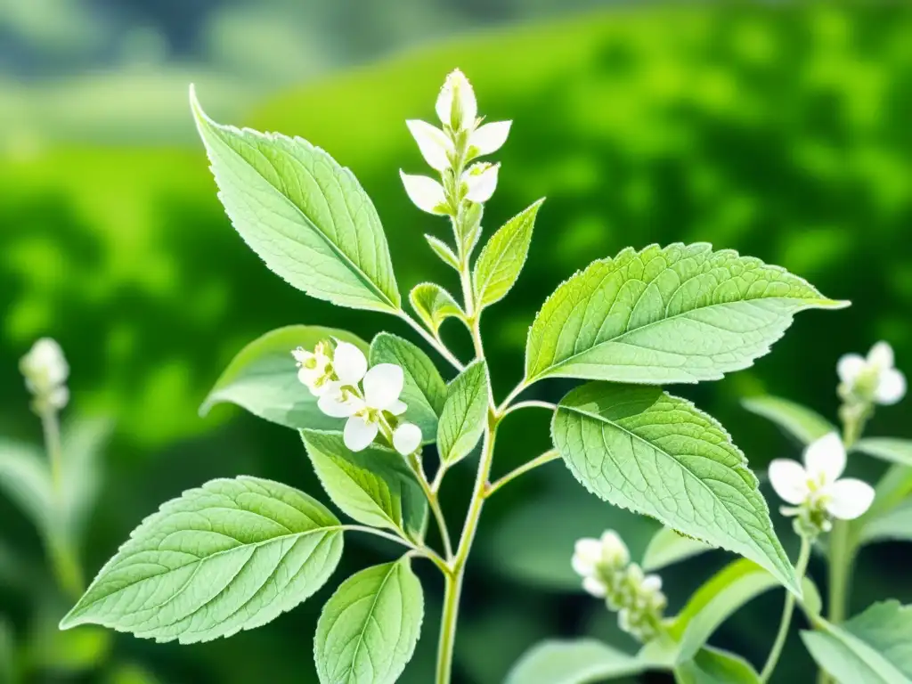 Detallada ilustración de una planta de stevia en un campo verde exuberante, con hojas, tallo y flores blancas