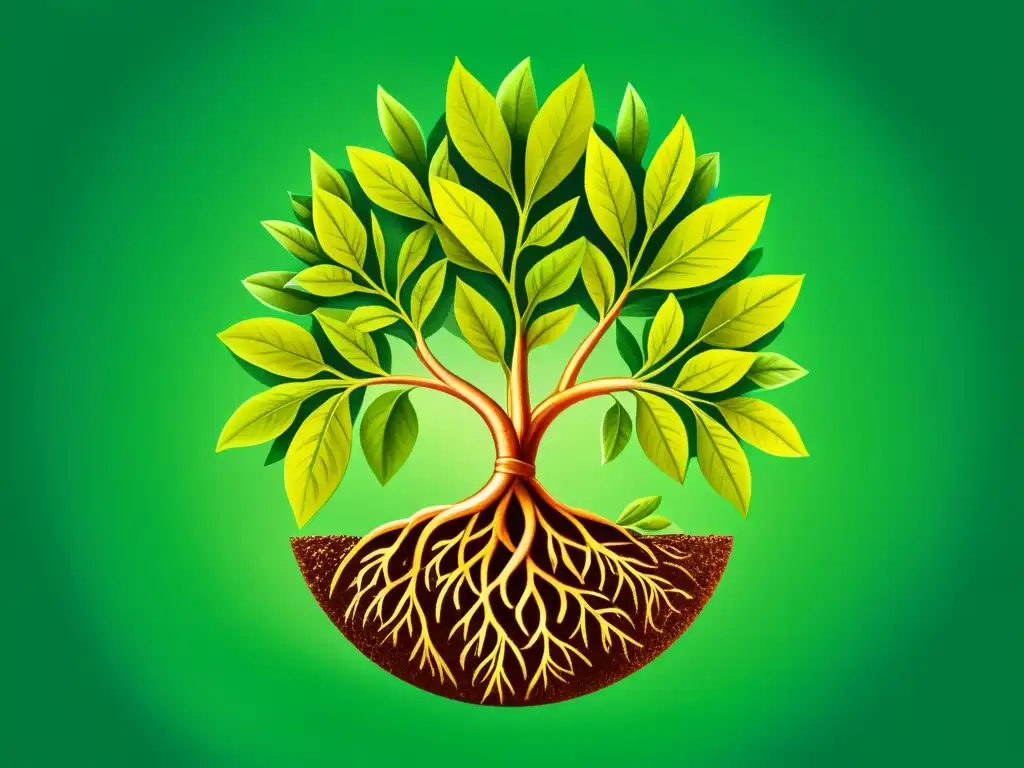 Detallada ilustración acuarela de planta verde con raíces entrelazadas con ADN, simbolizando la terapia génica vegetal para enfermedades crónicas