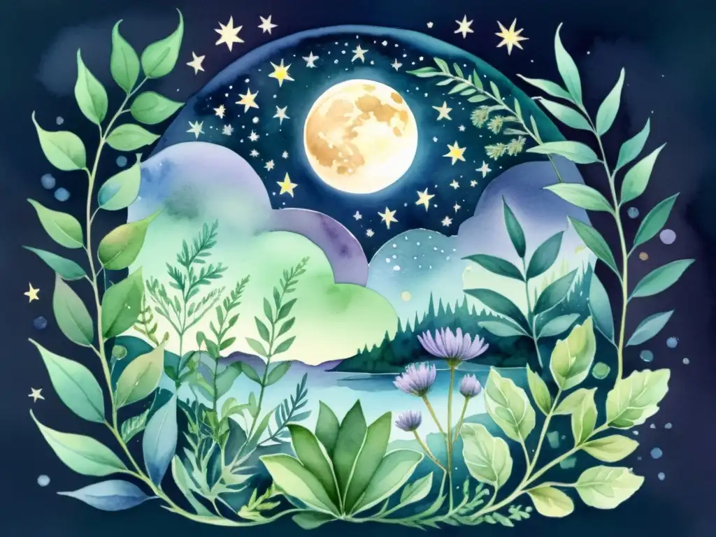 Ilustración detallada de plantas bajo la luna, en tonos verdes y morados