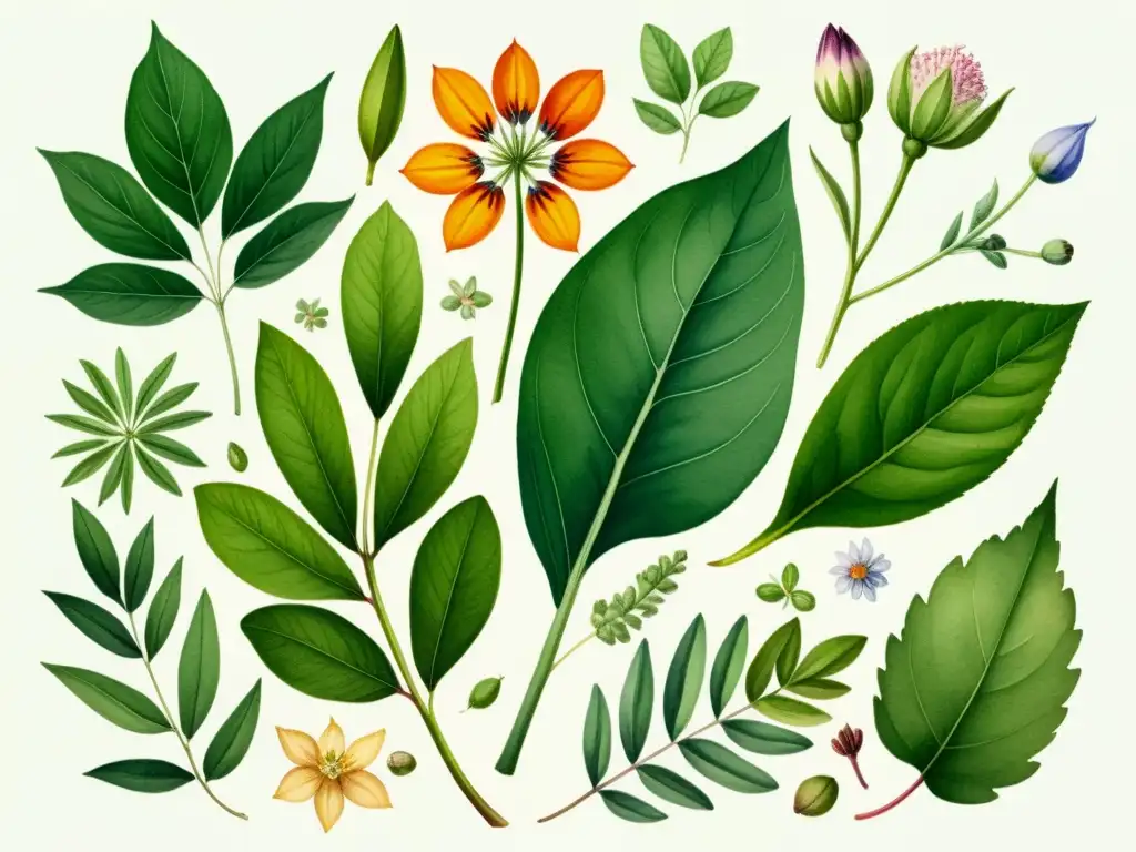 Ilustración detallada de plantas medicinales en acuarela