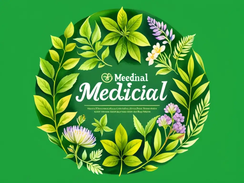 Detallada ilustración acuarela de plantas medicinales en círculo