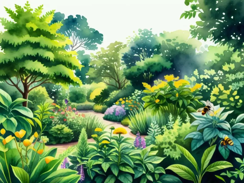 Detallada ilustración acuarela de jardín botánico con plantas medicinales y compuestos activos, bañado por suave luz matutina