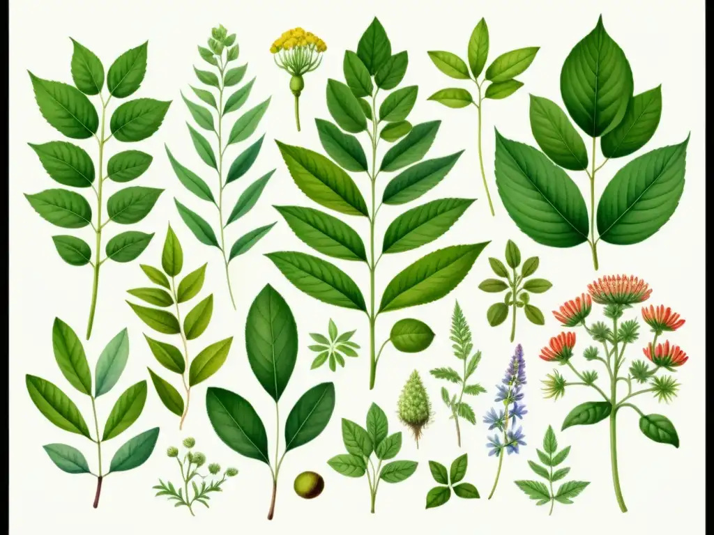 Ilustración acuarela detallada de plantas medicinales, destacando su diversidad botánica