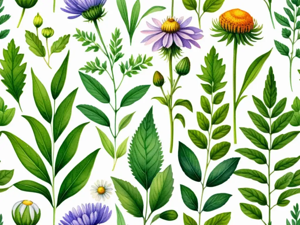 Detallada ilustración acuarela de plantas medicinales como lavanda, manzanilla, equinácea y menta en composición botánica